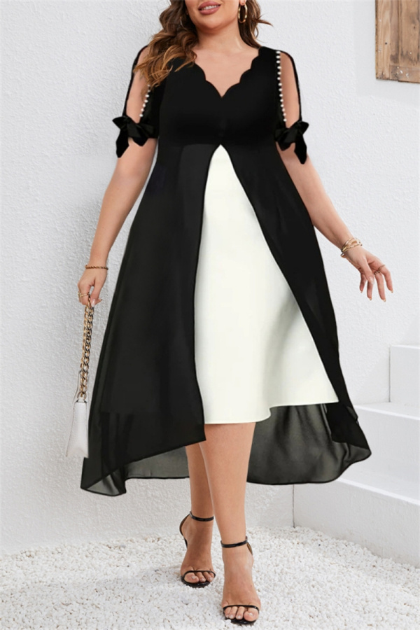 Dark Green Casual V Neck Short Sleeve Formal Party Evening Fake Two-piece Irregular Hem Midi Dress