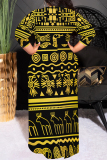 Black Gold Casual Print O Neck 3/4 Sleeve Floor Length Long Plus Size Vacation Maxi Dresses