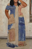 Dark Blue Casual Faux Denim Print Long Sleeve Floor Length Loose Vacation Baggy Maxi Dress