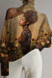 Brown Red Casual African Girl Print Cut Out Turtleneck Cold Shoulder Long Sleeve Blouses Tops