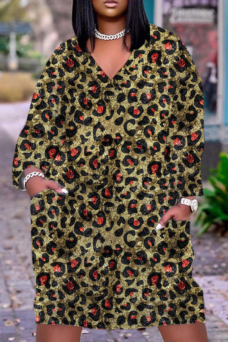 Stylish Brown Oversized Leopard Print Long Dress Lantern Sleeve