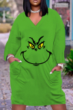 Green Christmas Grinch Dress V Neck Long Sleeve Straight Loose Midi Dress