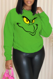 Green Christmas Loose Cartoon Grinch Print Round Neck Long Sleeve Fall Winter Sweatshirts Tops