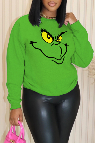 Green Christmas Loose Cartoon Grinch Print Round Neck Long Sleeve Fall Winter Sweatshirts Tops