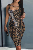 Black Blue Leopard Print Sleeveless U Neck Knee Length Casual Outing Bodycon Vest Midi Dress