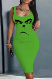Green White Grinch Christmas Dress Sleeveless U Neck Knee Length Casual Outing Bodycon Vest Midi Dress