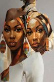 Apricot Brown Loose Casual African Girl Print Cut Out Turtleneck Cold Shoulder Long Sleeve Blouses Tops