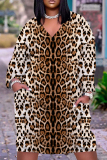 Dark Brown Leopard Print V Neck Long Sleeve Casual Outing Straight Loose Midi Dress