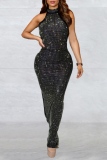 Black Hot Drilling Sleeveless Backless Formal Party Evening Long Halter Bodycon Maxi Dresses