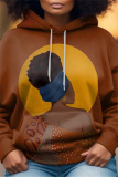 Grey Casual Girl Figure Print Draw String Hooded Collar Long Sleeve Fall Winter Sweatshirts Tops