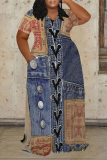 Dark Blue Casual Faux Denim Print Long Sleeve Floor Length Loose Vacation Baggy Maxi Dress