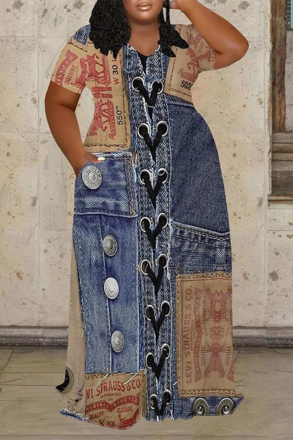 Dark Blue Casual Faux Denim Print Long Sleeve Floor Length Loose Vacation Baggy Maxi Dress