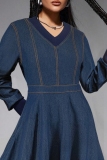 Deep Blue Casual V Neck Long Sleeve Ruffle Tiered Hem High Waist Pleated Denim Maxi Dresses