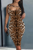 Black Blue Leopard Print Sleeveless U Neck Knee Length Casual Outing Bodycon Vest Midi Dress