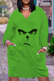 Green Christmas Grinch Dress V Neck Long Sleeve Straight Loose Midi Dress