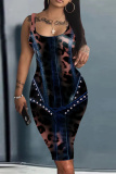 Black Blue Leopard Print Sleeveless U Neck Knee Length Casual Outing Bodycon Vest Midi Dress