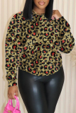 Dark Brown Loose Leopard Casual Round Neck Long Sleeve Fall Winter Sweatshirts Tops