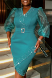Lake Green Midi Wedding Guest Dress V Neck with Rhinestone Decor Sheer Mesh Long Puff Sleeves Belted Waist Wrap Cocktail Party Evening Gown
