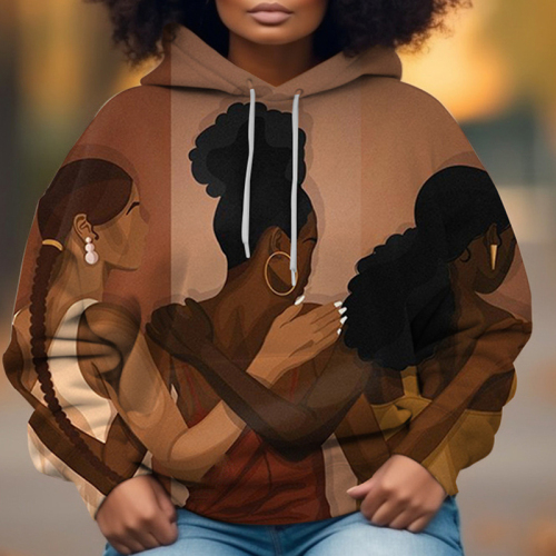 Grey Casual Girl Figure Print Draw String Hooded Collar Long Sleeve Fall Winter Sweatshirts Tops