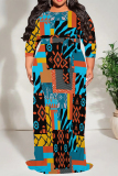 White Brown Geometric Print O Neck 3/4 Sleeve Lace Up Casual Outing Plus Size Straight Loose Maxi Dress