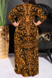 White Brown Geometric Print O Neck 3/4 Sleeve Lace Up Casual Outing Plus Size Straight Loose Maxi Dress