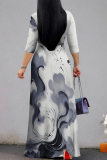 Black White Gradient Striped Print V Neck 3/4 Sleeve Lace Up Casual Outing Vacation Straight Flowy Max Dress