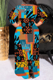 White Brown Geometric Print O Neck 3/4 Sleeve Lace Up Casual Outing Plus Size Straight Loose Maxi Dress