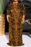 White Brown Geometric Print O Neck 3/4 Sleeve Lace Up Casual Outing Plus Size Straight Loose Maxi Dress