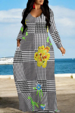Purple Colorblock Plaid Ombre Print V Neck Long Sleeve Pocket Casual Outing Vacation Straight Loose Maxi Dress