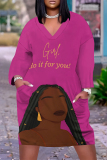 Rose Red Letters Figure Print V Neck Long Sleeve Pocket Casual Outing T Shirt Midi Dress