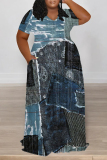 Light Blue Faux Denim Print V Neck Short Sleeve Pocket Casual Outing Plus Size Straight Loose Maxi Dress