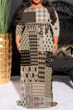 White Brown Geometric Print O Neck 3/4 Sleeve Lace Up Casual Outing Plus Size Straight Loose Maxi Dress