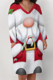 Green Christmas Tree Print Santa Claus V Neck Long Sleeve Striaght Loose Midi Dress