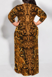 White Brown Geometric Print O Neck 3/4 Sleeve Lace Up Casual Outing Plus Size Straight Loose Maxi Dress