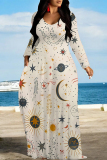 Beige Geometric Print The stars V Neck Long Sleeve Pocket Casual Outing Straight Loose Maxi Dress