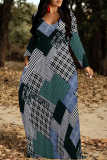 Purple Colorblock Plaid Ombre Print V Neck Long Sleeve Pocket Casual Outing Vacation Straight Loose Maxi Dress