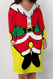 Green Christmas Tree Print Santa Claus V Neck Long Sleeve Striaght Loose Midi Dress