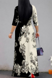 Black White Gradient Striped Print V Neck 3/4 Sleeve Lace Up Casual Outing Vacation Straight Flowy Max Dress
