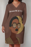 Rose Red Letters Figure Print V Neck Long Sleeve Pocket Casual Outing T Shirt Midi Dress