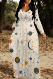 Beige Geometric Print The stars V Neck Long Sleeve Pocket Casual Outing Straight Loose Maxi Dress