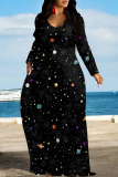 Beige Geometric Print The stars V Neck Long Sleeve Pocket Casual Outing Straight Loose Maxi Dress