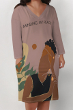 Rose Red Letters Figure Print V Neck Long Sleeve Pocket Casual Outing T Shirt Midi Dress