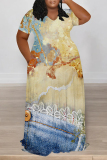 Light Blue Faux Denim Print V Neck Short Sleeve Pocket Casual Outing Plus Size Straight Loose Maxi Dress