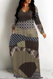 Purple Colorblock Plaid Ombre Print V Neck Long Sleeve Pocket Casual Outing Vacation Straight Loose Maxi Dress