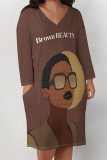 Rose Red Letters Figure Print V Neck Long Sleeve Pocket Casual Outing T Shirt Midi Dress