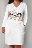 Black Letters Print V Neck Long Sleeve Pocket Casual Outing Loose T Shirt Midi Dress