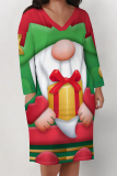 Green Christmas Tree Print Santa Claus V Neck Long Sleeve Striaght Loose Midi Dress