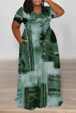 Light Blue Faux Denim Print V Neck Short Sleeve Pocket Casual Outing Plus Size Straight Loose Maxi Dress