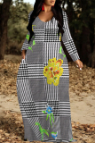Purple Colorblock Plaid Ombre Print V Neck Long Sleeve Pocket Casual Outing Vacation Straight Loose Maxi Dress