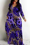 Purple Colorblock Plaid Ombre Print V Neck Long Sleeve Pocket Casual Outing Vacation Straight Loose Maxi Dress